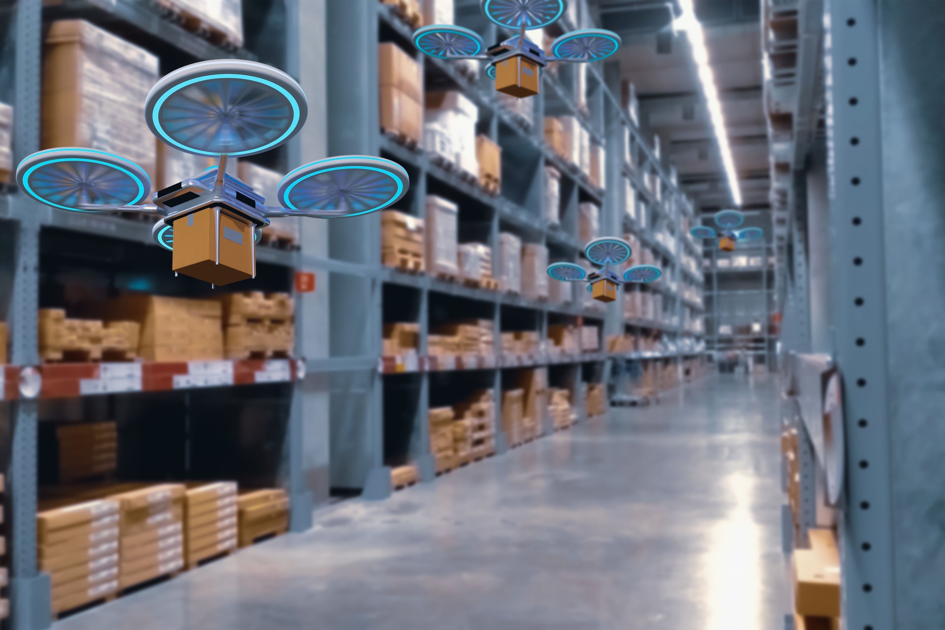 Concept industry 4.0 robotic drone artificial Intelligence,autonomous Robot of warehouse logistic,smart automated delivery vehicle,modern storehouse shipping,with robot carrier carrying cardboard box